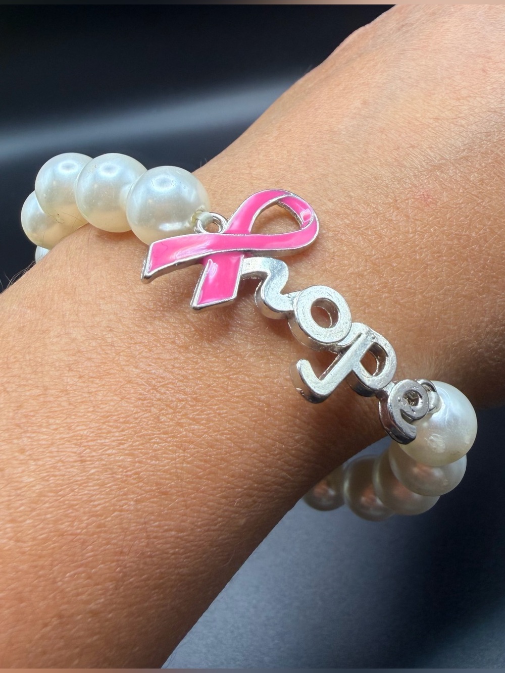 Pink Ribbon Breast Cancer Awareness Pearl Bracelet Hope Charm Support Gift